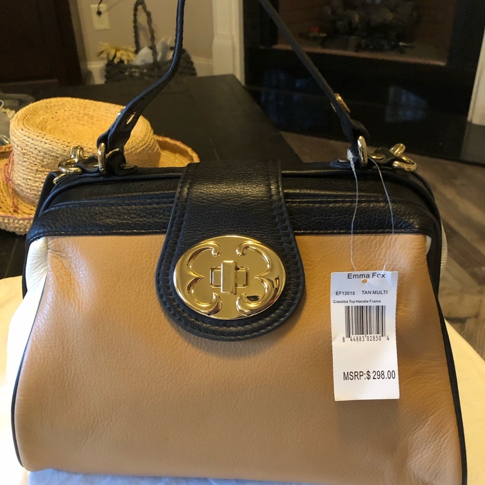 Emma Fox Black, Tan and White leather satchel handbag with shoulder strap NWT
